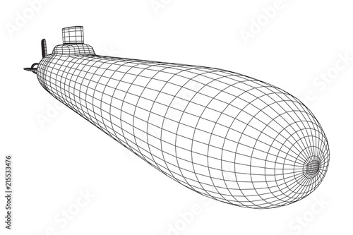 Military atomic submarine underwater boat. Wireframe low poly mesh vector illustration