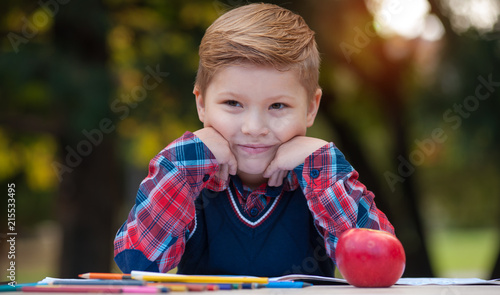 Billede på lærred Close-up portrait of a charming little brown-eyed boy first-grader in a shirt and waistcoat looking at the camera on a background of blurred greens in the park
