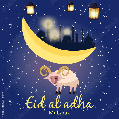 Muslim holiday Eid al-Adha. the sacrifice a ram or white sheep. Graphic design decoration kurban bayrami. Moon, month lamb and a lamp. Vector, illustration, isolated