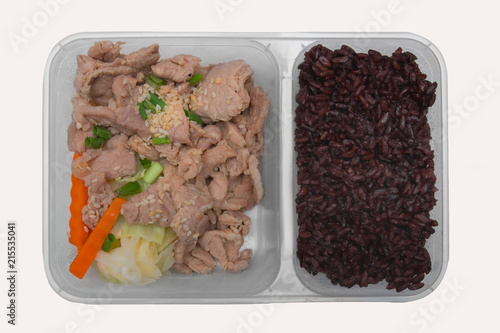 Rice berry and stir fried pork with sesame served with carrot and cabbage, Clean food concept