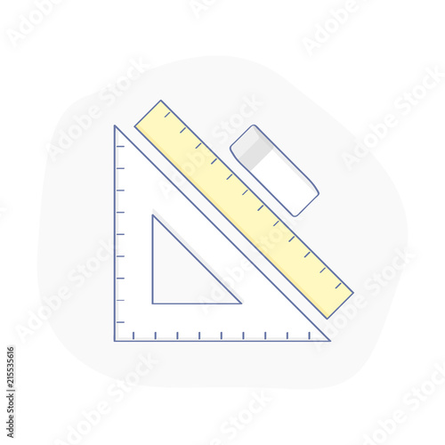 Tools for drawing, Engineering and Architecture design. Stationary supplies, set for sketching, outlines. Ruler, drawing triangle, pencil, grater on white background. Flat light outline vector.