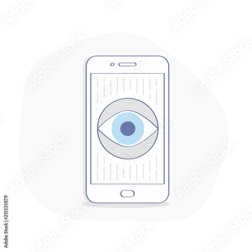 Surveillance, shadowing, hacker spying, observation via mobile phone icon. Big brother is watching you concept, Eye on the phone screen