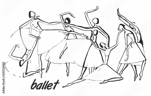 black graphic drawing ballet where the ballerinas in packs are dancing