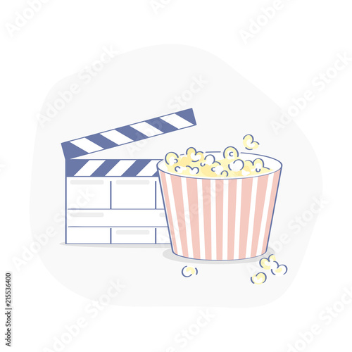 Movie clapper, clapperboard and bucket of popcorn. Cinema, movie, filmmaking device, film or video production, video movie clapper equipment, cinematography icon concept