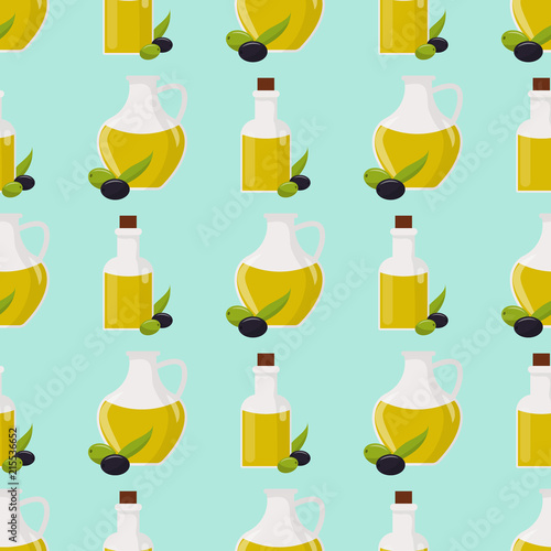 Olive oil vector glass bottle of premium virgin some olives with leaves seamless pattern health tree leaf branch fruit background illustration.