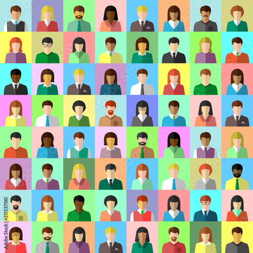 Diverse business people in flat design. Multi-ethnic businessman and businesswoman collage and colorful avatar set. Vector illustration.