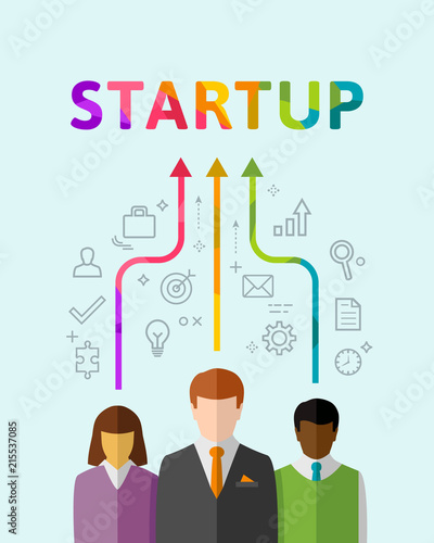 Startup concept with diverse business people as a team. Colorful low poly word as teamwork and creativity symbol with related thin line icons. Vector illustration in flat design.