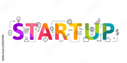 Startup word lettering in colorful low poly design with related thin line icons. Creative vector illustration with business progress.
