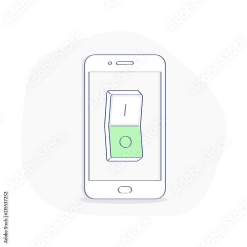 Mobile phone with switcher, selector button, relay on smartphone display. Turn on, switch on icon. Flat outline vector UI illustration in modern linear design style.