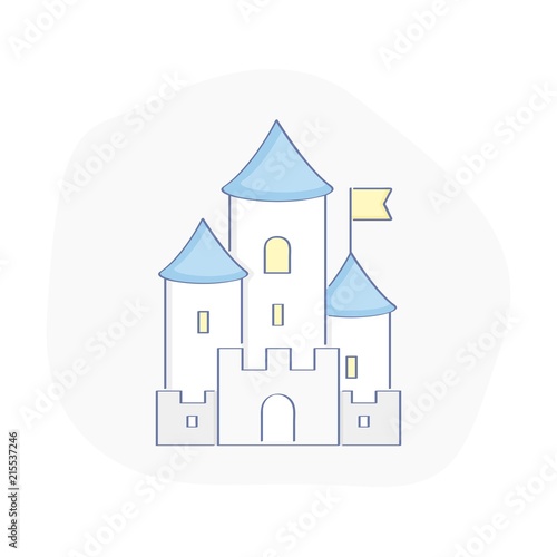 Funny blue fairytale medieval Castle, fortress with towers. Secure, Protection, Defense, Security, Safety icon concept