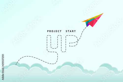 Project start up concept with colorful paper plane in low poly design flying through the sky. Abstract and creative vector illustration.