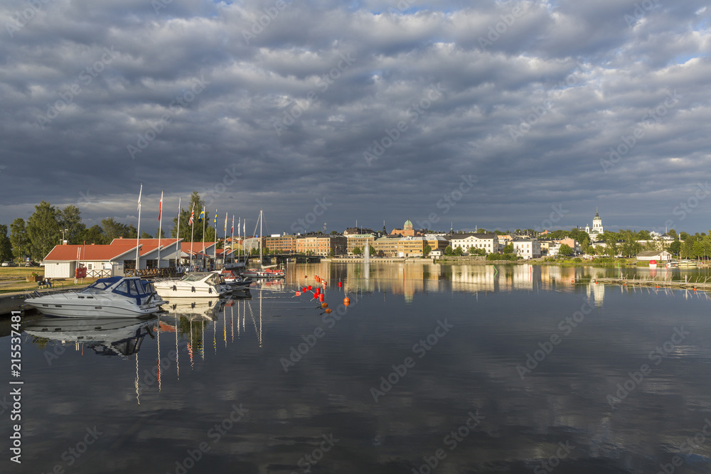 Beautiful view of the city of Harnosand in the rays of the evening sun