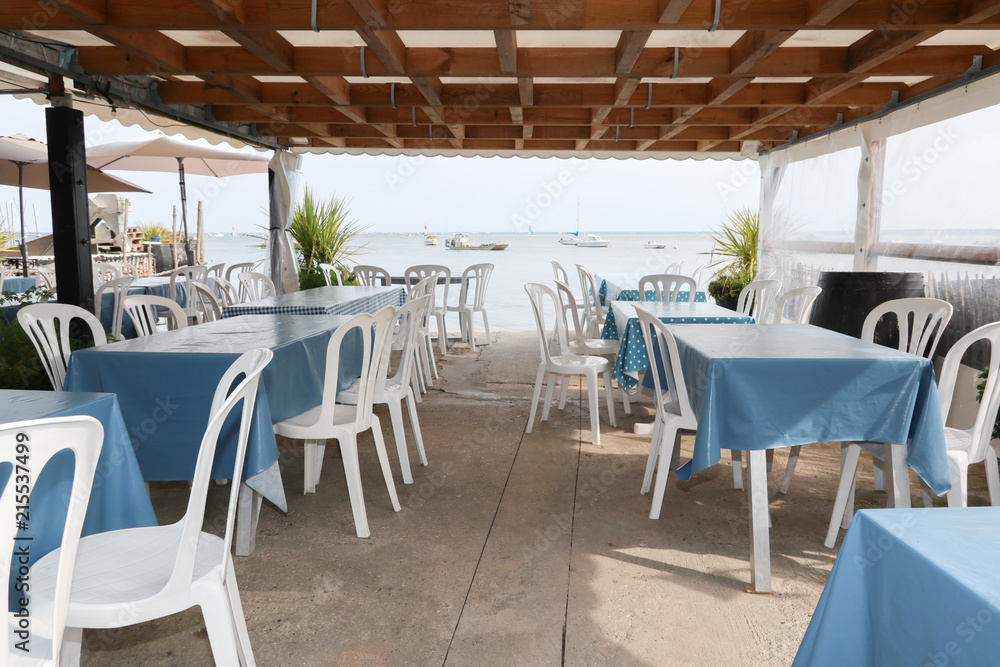 restaurant terrace on the edge of the beach in the Arcachon Basin at Cap Ferret in South West France