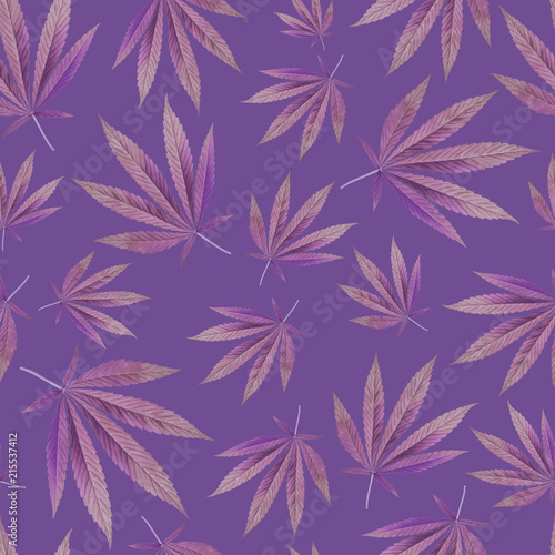 Seamless pattern with Marijuana, weed, dope leaves. purple Background texture. Textile, Wallpaper concept