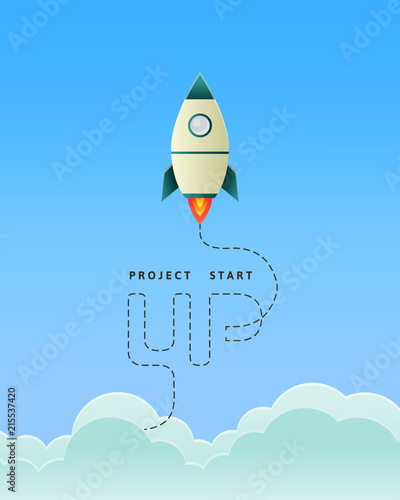 Project start up concept with rocket flying through the sky