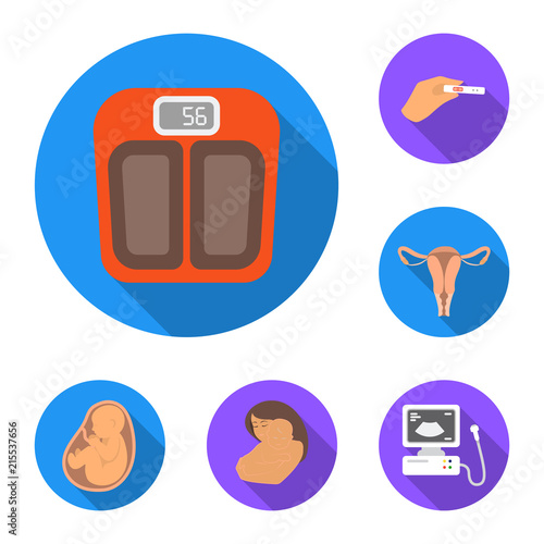 Woman and pregnancy flat icons in set collection for design. Gynecology and equipment vector symbol stock web illustration.