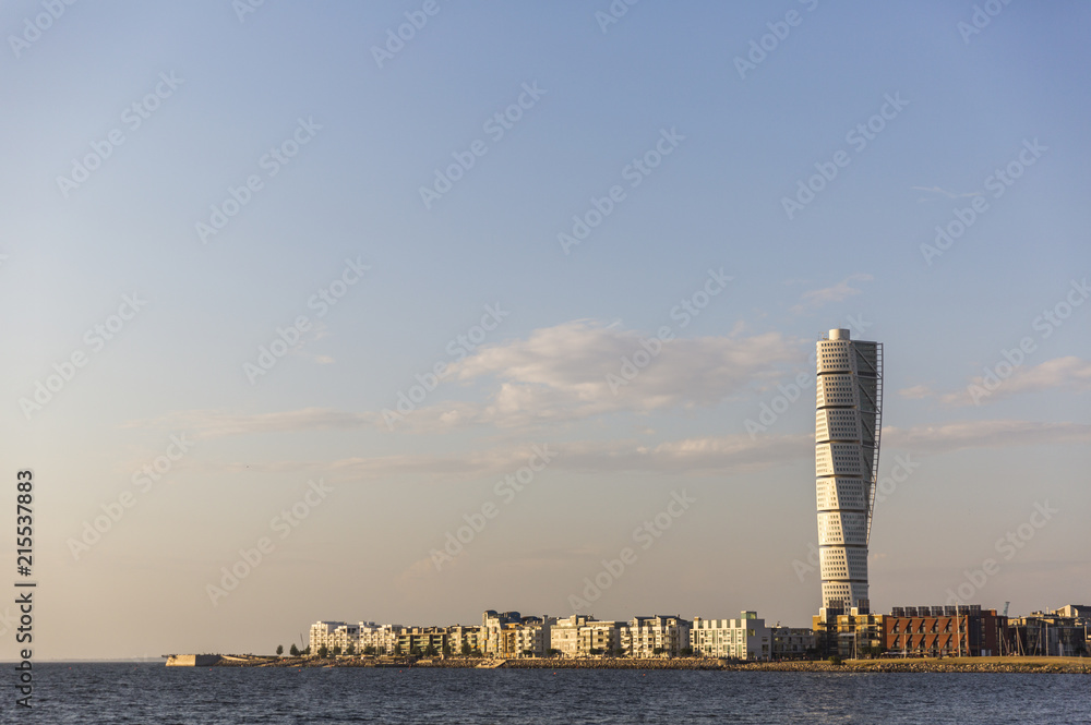 Evening view of Malmo with Turning Torso skyscraper in the foreground