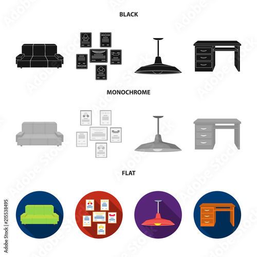 Comfortable sofa, letters and diplomas within the framework, an office ceiling lamp, a desk with drawers. Office Furniture set collection icons in black, flat, monochrome style vector symbol stock