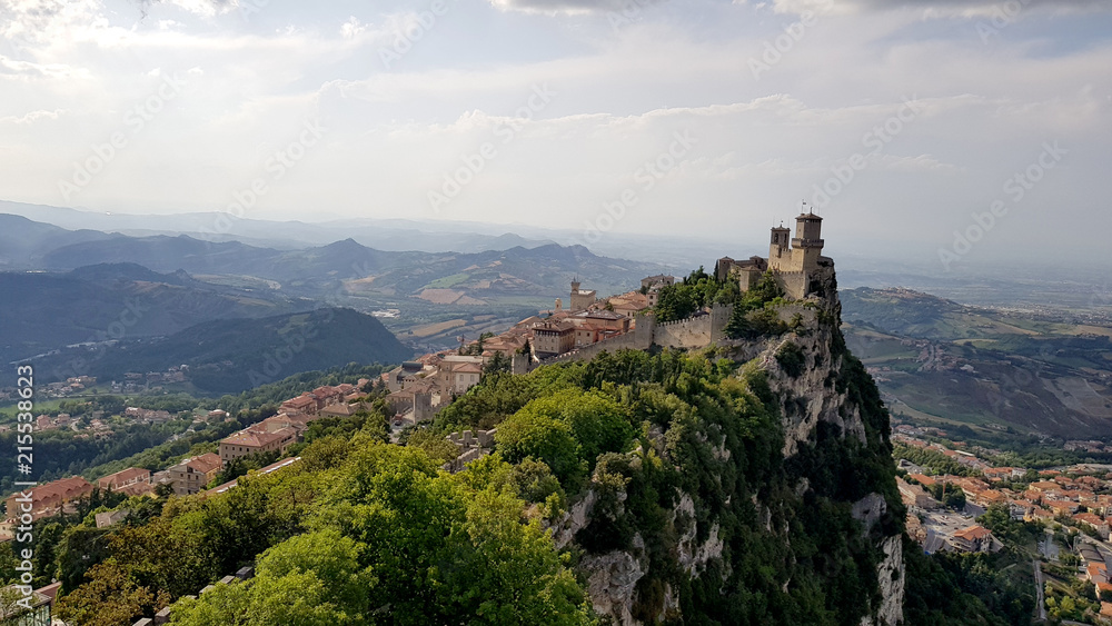 Amazing landscape with ancient castle with big towers in marche region, italy