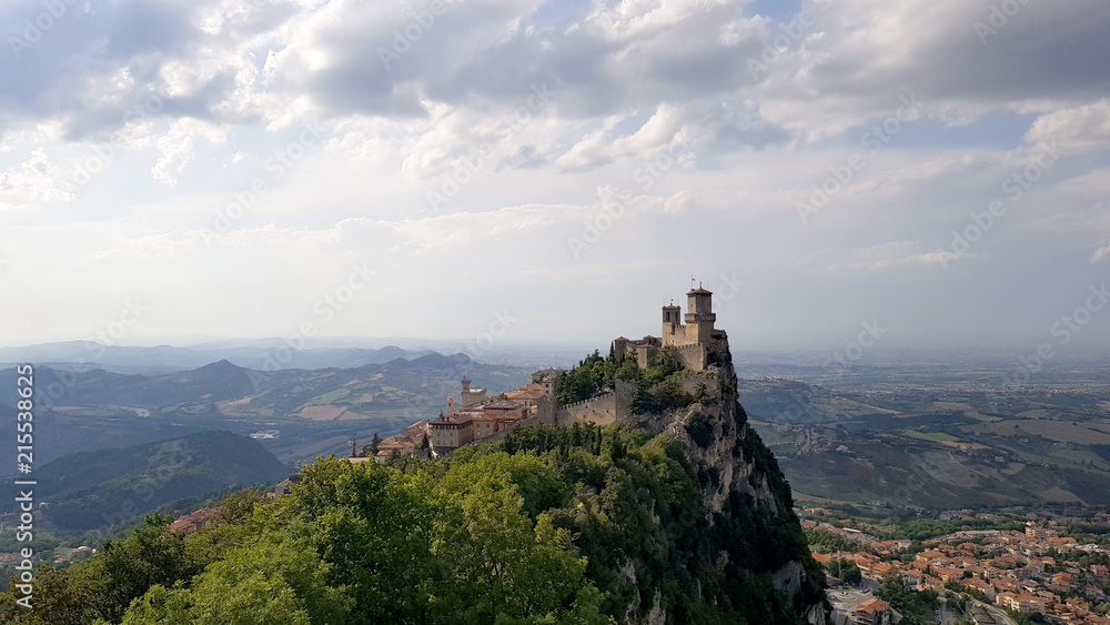 Amazing landscape with ancient castle with big towers in marche region, italy