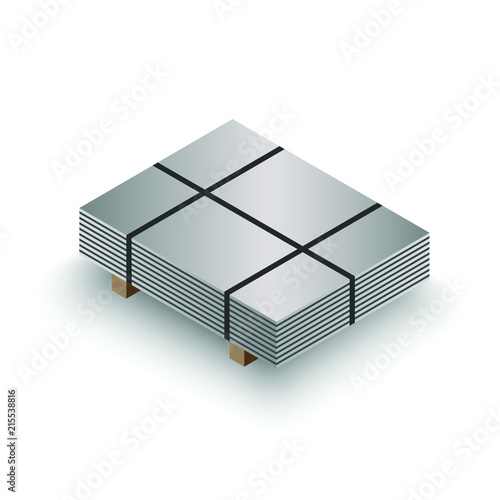 Single Steel sheet package, Plate metal sheet with steel strapping, construction materials, Isolated vector 3D