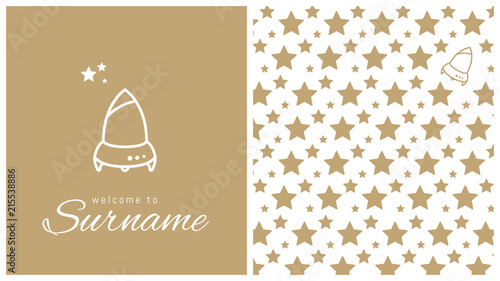 faire-part de naissance, carte pour célébrer l'arrivée d'un bébé, fusée, espace, galaxie, univers, jouet