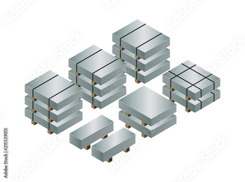 Steel sheet package in warehouse stock, Plate metal sheet with steel strapping, construction materials, Isolated vector 3D