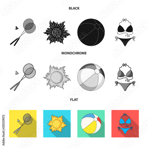 A game of badminton, a ball and the sun.Summer vacation set collection icons in black, flat, monochrome style vector symbol stock illustration web.