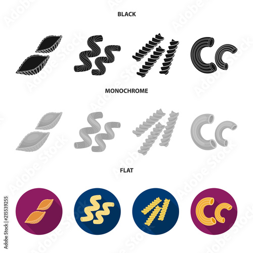 Different types of pasta. Types of pasta set collection icons in black, flat, monochrome style vector symbol stock illustration web.