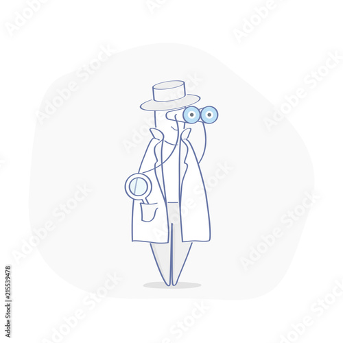 Spy, Agent, Inspector, Investigator, Detective character in cute hat with magnifying glass, sleuthing, disguising, investigate