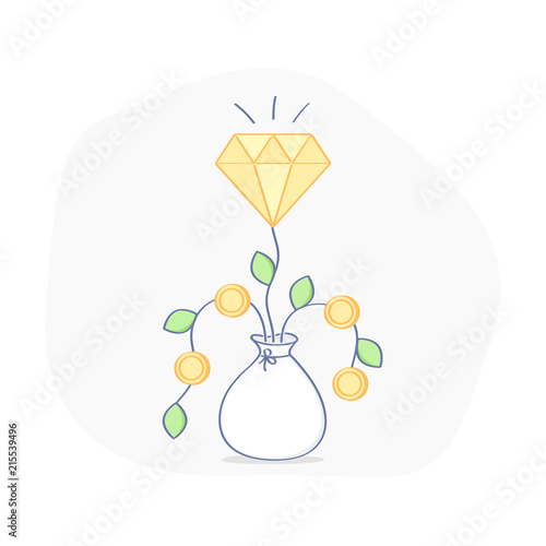 Successful financial investment, money or value growth, successful ICO, return of investors money. The Brilliant is born from a bag of money as plant, sprout