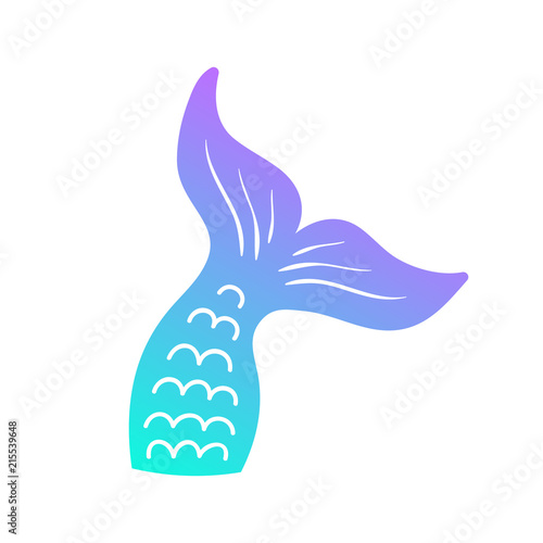 Mermaid tail vector graphic illustration. Hand drawn teal, turquoise, blue and purple, violet mermaid, fish tail.