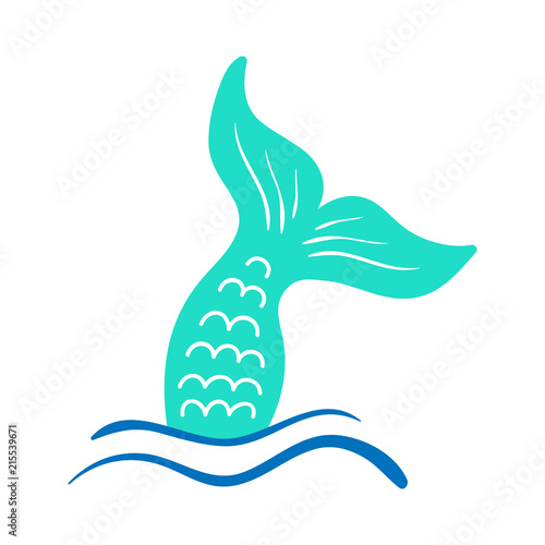 Mermaid tail vector graphic illustration. Hand drawn teal, turquoise mermaid, fish tail in sea, ocean waves.