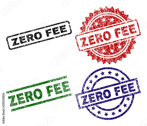 ZERO FEE seal prints with damaged style. Black, green,red,blue vector rubber prints of ZERO FEE caption with dust style. Rubber seals with round, rectangle, rosette shapes.
