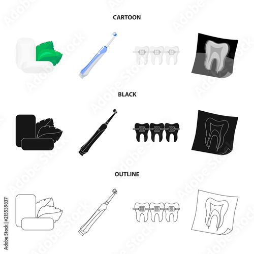 Mint chewing gum with mint leaves, toothbrush with bristles, bregettes with teeth, X-ray of the tooth. Dental care set collection icons in cartoon,black,outline style vector symbol stock illustration