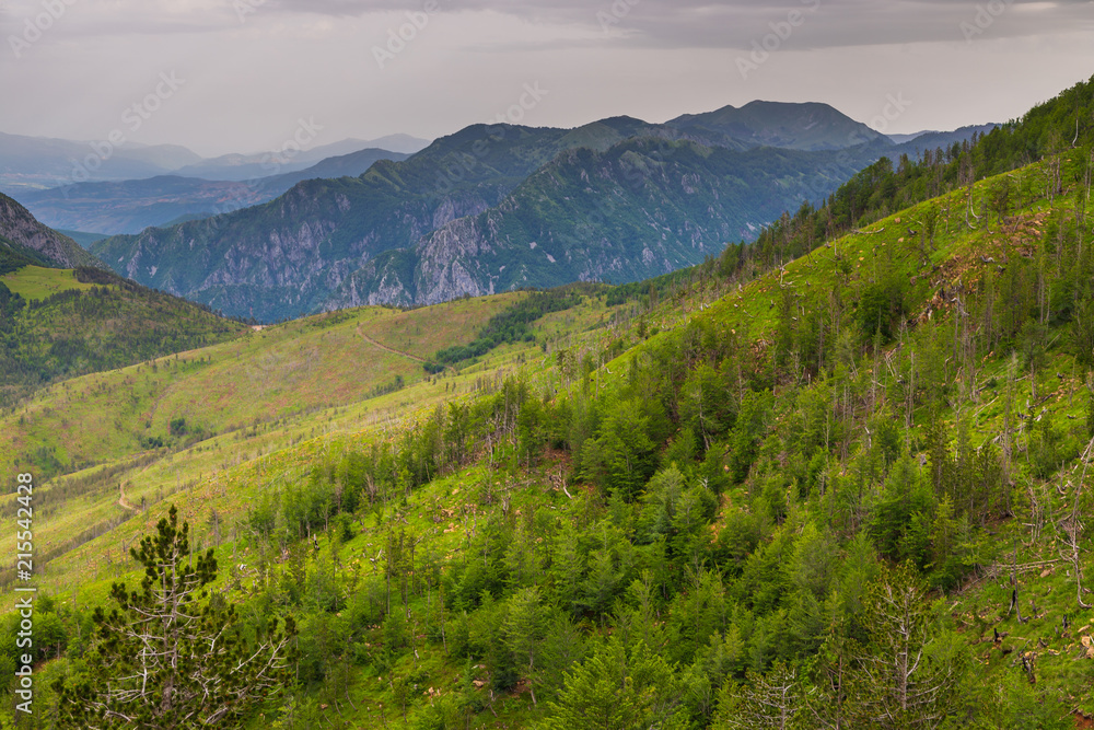 Fototapeta premium Scenic landscape view in Albanian mountain in cloudy day.