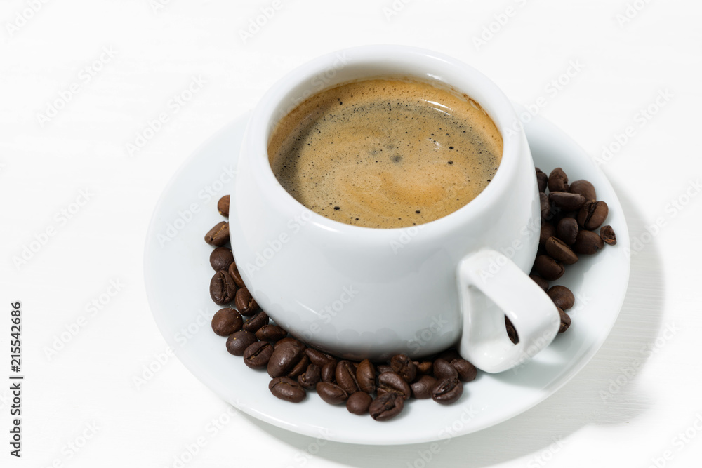 morning mug of coffee on a white background, top view morning mug of coffee on a white background, top view