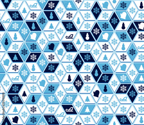 Blue and white winter christmas pattern with snowflakes, snowman, sledge, christmas tree and mittens signs