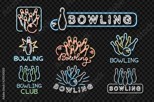 Vector set of realistic isolated neon sign for bowling logo for decoration and covering on the transparent background. Concept of game sport and bowling club.