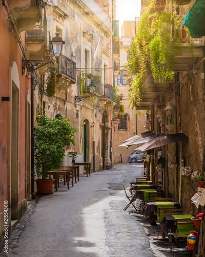 A narrow and picturesque road in Ortigia, Siracusa (Syracuse), in the region of Sicily, Italy.