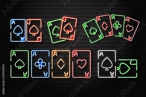 Vector set of realistic isolated neon sign of playing cards for decoration and covering on the wall background. Concept of poker, casino and gambling.
