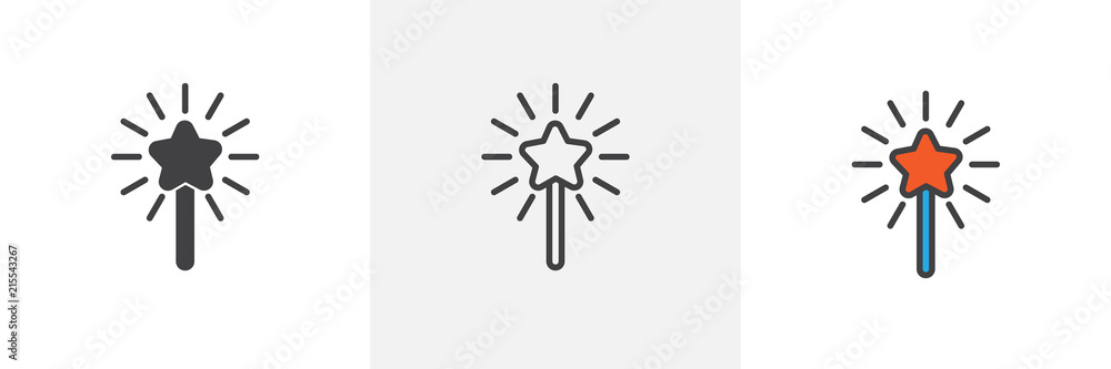 Magic wand icon. Line, solid and filled outline colorful version, outline and filled vector sign. Symbol, logo illustration. Different style icons set. Pixel perfect vector graphics Magic wand icon. Line, solid and filled outline colorful version, outline and filled vector sign. Symbol, logo illustration. Different style icons set. Pixel perfect vector graphics