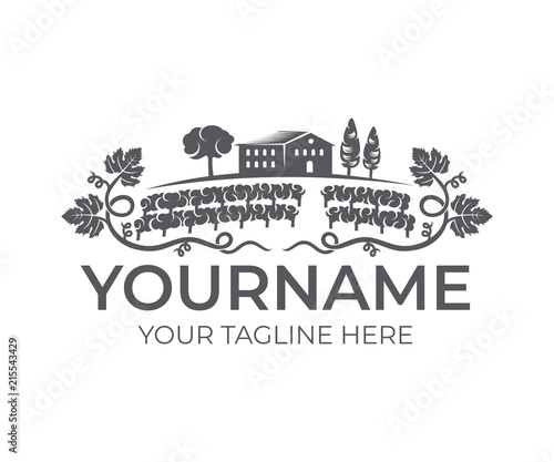 Farm and villa with trees and grape fields, logo design. Rural landscape and vineyard landscape with valley, lodge and vineyards fields, vector design and illustration