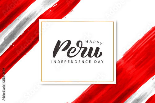 Vector realistic isolated greeting card with lettering for 28th July Independence Day in Peru for decoration and covering on the Peru flag watercolor background.