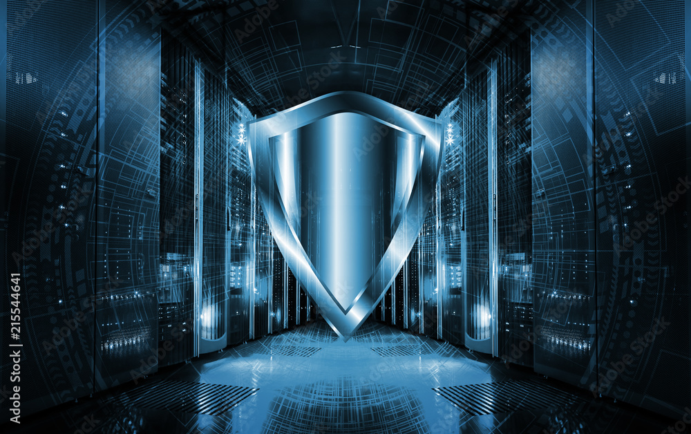 Cyber protection shield icon on server room background. Information ...