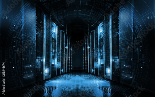 technological background on servers in data center, futuristic design. Server room represented by several server racks with strong dramatic light. photo