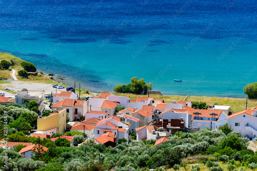 Aerial view of Pythagorion village, traditional village on the coast, Samos island, Greece.