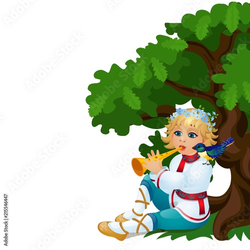 Boy in a traditional Russian costume playing the flute isolated on white background. Vector cartoon close-up illustration.