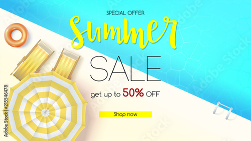 Sales action, summer offer. Get up to fifty percent discount. Top view of the blue water pool with deckchairs, sun umbrellas and design of text. Reduced prices on rest in the tropics.