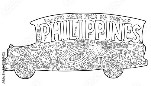 Philippine jeepney with tribal ornament. Palm tree, whale shark, mask, turtle, halo-halo. Vector coloring page. photo